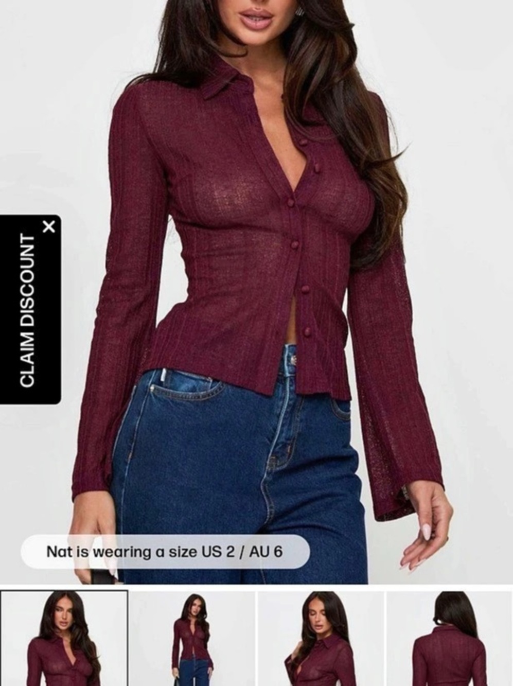 Princess Polly When You Sleep Long Sleeve Top Wine Long Sleeve Button Front Top